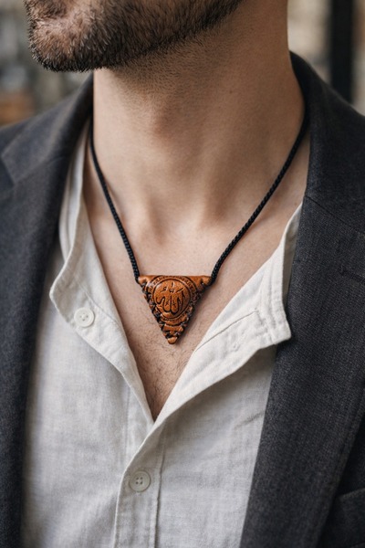 HER ŞEY NOTA www.herseynota.com Kahverengi Deri Muska Cevşen Erkek Kolye