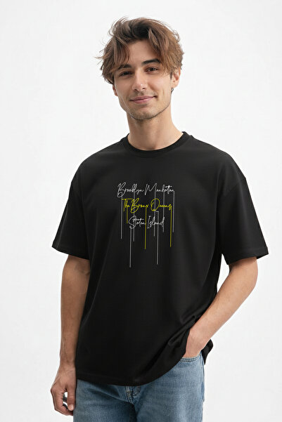 caddekombin Muški Njujorški Krajovi Tekst Štampano okrugla kragna Crni T-shirt
