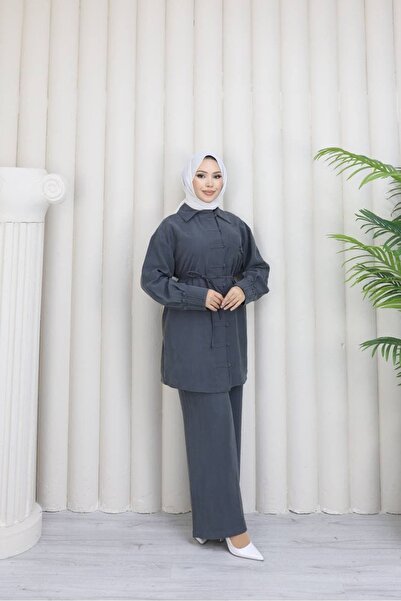 ankanoor Tunic Set with Pockets and Thin Belted Pants Anka264074