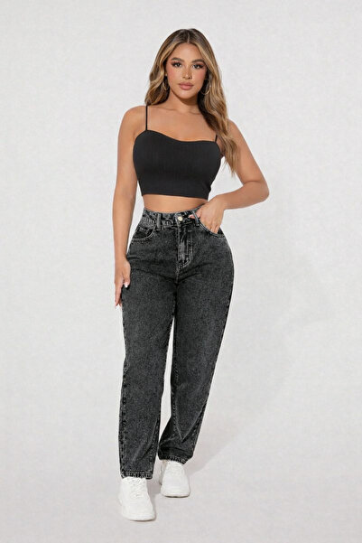 connemara Pantaloni de damă cu talie înaltă, croială dreaptă, negri, spălați