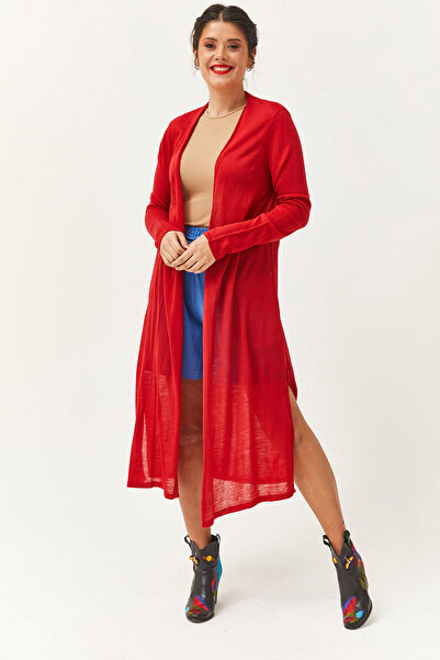 LE CARAMBOLE Women's Red Thin Slit Long Knit Cardigan