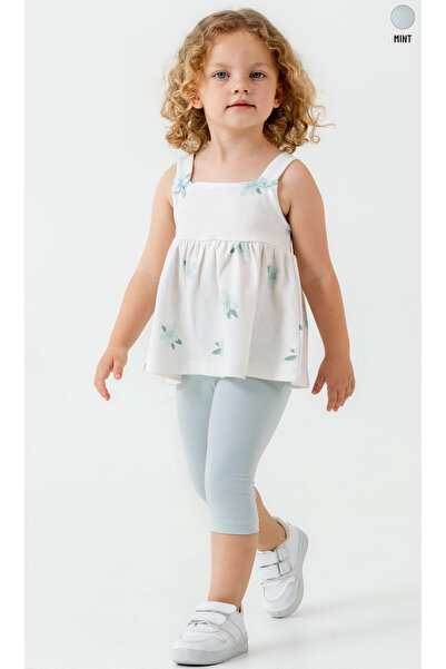 Smile Kids Floral Patterned Strappy Girls' Set (Blouse & Capri Leggings)