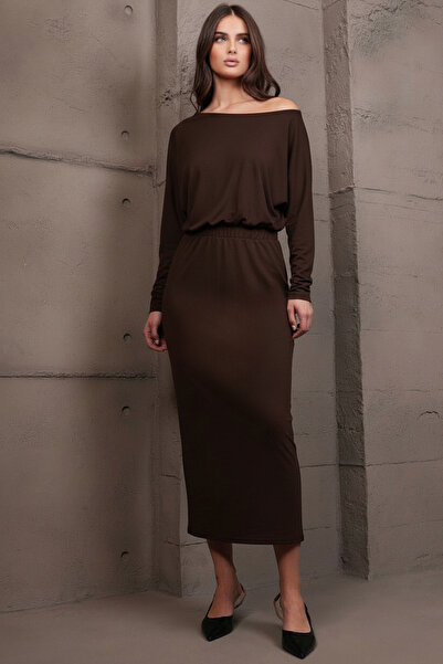 Trend Alaçatı Stili Women's bitter brown boat neck elastic waist midi length ...