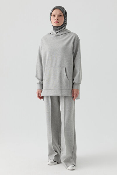 Tuğba Bel Lastikli Nervürlü Örme Pantolon - Gri