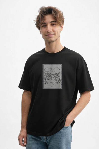 caddekombin Tricou negru din bumbac cu gât rotund și imprimeu Knight Duel pen...