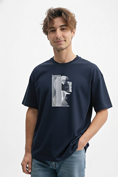 caddekombin Tricou pentru bărbați, din bumbac, albastru marin, cu model digit...