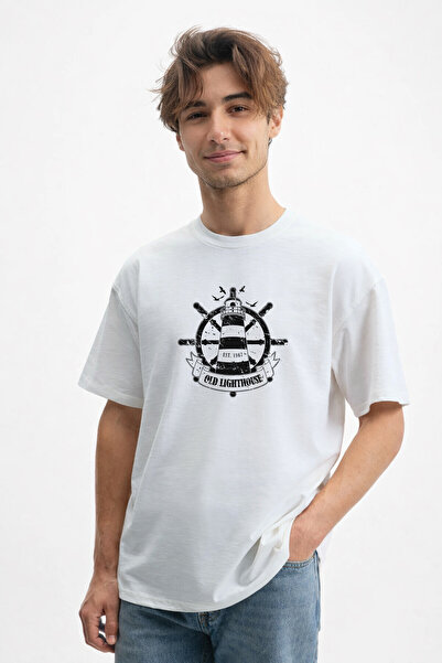 caddekombin Ανδρικό μπλουζάκι Sea Passion: Λευκό μπλουζάκι με στάμπα Old Ligh...