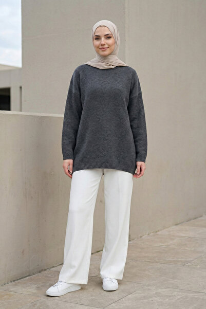 Kirazgym Women's Round Neck Casual Soft Knitwear Sweater Tunic - Smoked