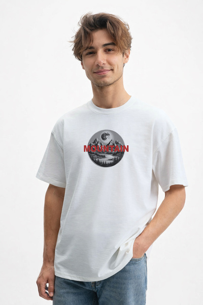 caddekombin تي شيرت رجالي من القطن الأبيض بنسبة 100% بتصميم القمر والجبال