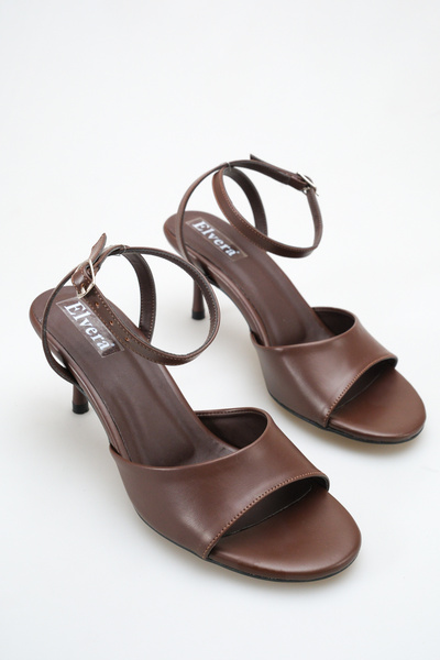 MALENTA Sandale de damă cu toc subțire, piele maro, vârf rotund, cu curea la ...