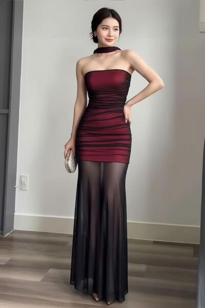 ARS Butik Burgundy Gothic Lingerie Dress Short Transparent Tulle Long Dress