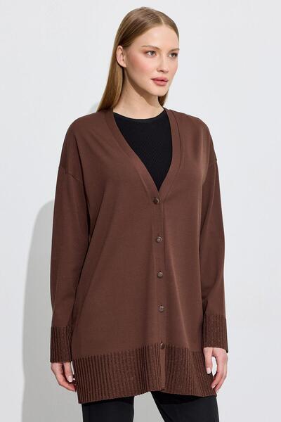 Tığ Triko Eteği Simli Önden Düğmelı Rayon Hırka ACI KAHVE