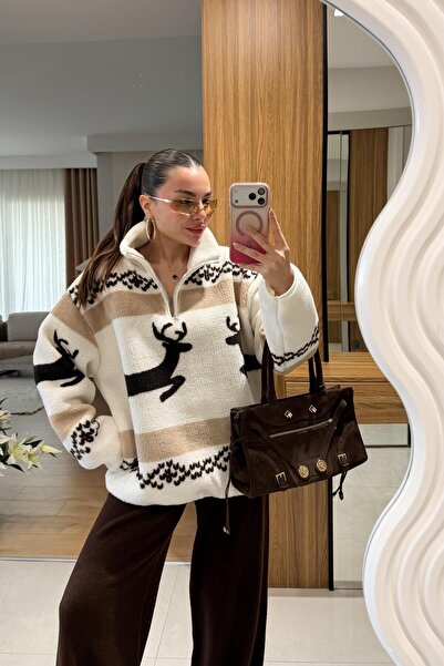 Gizem Ecemiş Presy Kahve Çift Geyik Teddy Kazak