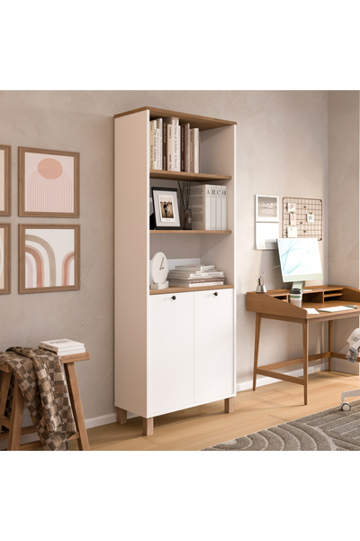 Yurudesign Nord Kitaplık Raf Ahşap Ayaklı 180cm Kapaklı Sepet-Beyaz ND13-SW