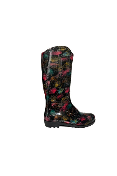 Emek Women's Pink-Yellow Patterned 35 cm Long Garden Rain Boots Emk52108