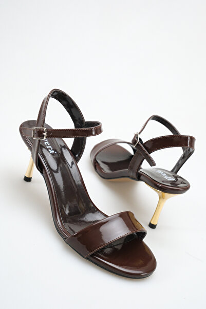 MALENTA Tocuri înalte pentru femei sandale din piele lacuită maro vârf rotund...