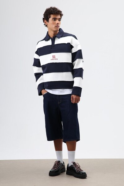 VAMOSCLO Oversize Striped Printed Sweatshirt Dark Navy Blue