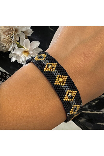 Ezera Brățară lată elegantă Leona, cusută manual în culori negru-auriu