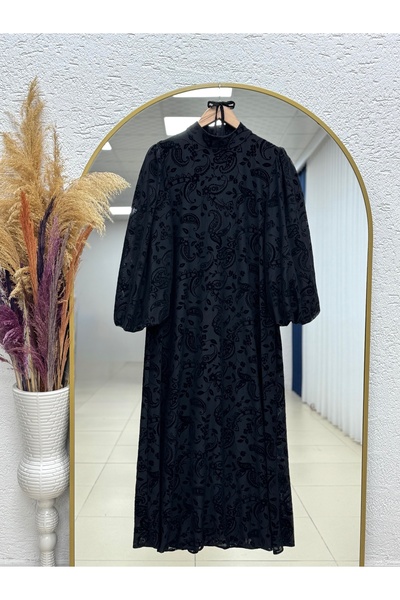 BENAHOLL Fadime Hakim Yaka Desenli Flok Elbise-EK124.5 Siyah