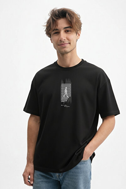 caddekombin Tricou negru pentru bărbați cu design abstract: Detalii cu pensul...