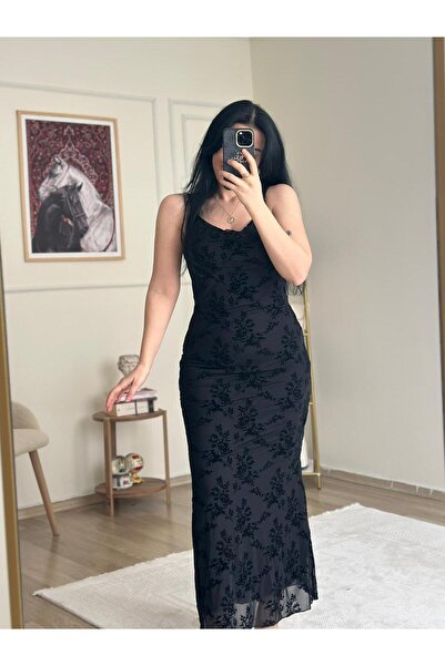 YELZEY BUTİK Floral Desen Askılı Tül Elbise