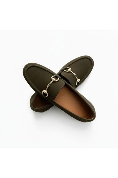 NE&VE SHOES Γυναικεία Loafer Παπούτσια από Γνήσιο Δέρμα Χακί Σουέντ με Χρυσή ...