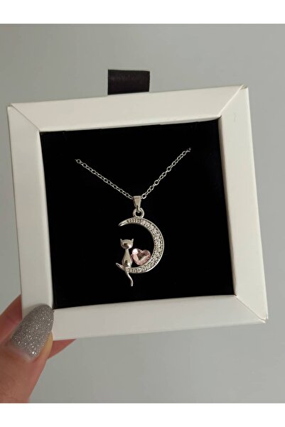 h&b design jewel Çelik Pembe Kalpli Kedili Kolye