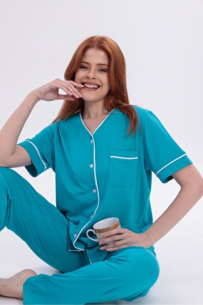 Yulem Homewear Women's Turquoise Ribbed Front Buttoned Cotton Short Sleeve Pa...