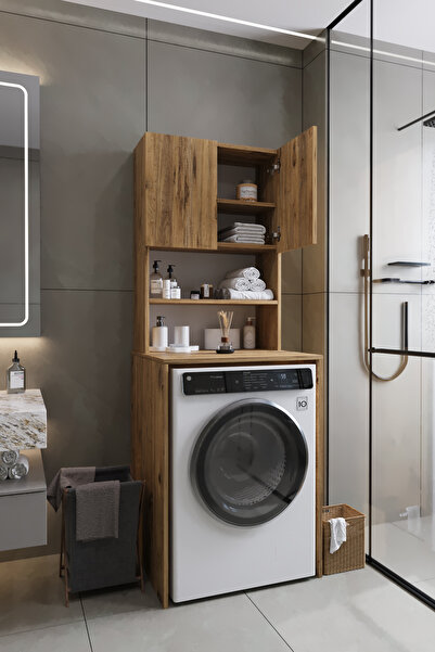 AWOX VEGA Çamaşır Makinesi Üstü Dolap Banyo Dolabı Kapaklı Dolap Çamaşır Dola...