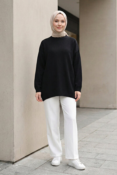 Kirazgym Women's Round Neck Casual Soft Knitwear Sweater Tunic - Black