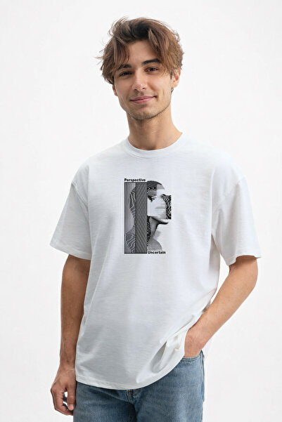 caddekombin Tricou alb din bumbac 100 Yüz cu model digital de distorsiune și ...