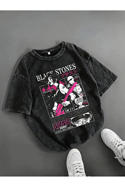 Le Savu Washable Vintage Black Stones Printed Unisex Oversize Vintage T-Shirt