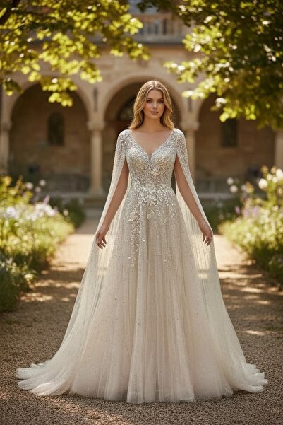 Hanımefendi Giyim Işıltılı Tül Detaylı Pelerinli A Kesim Lüks Uzun Abiye Elbise