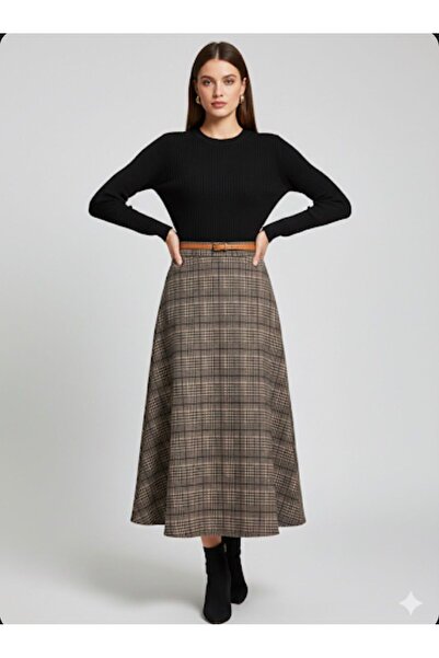 mor butik Women's Brown Plaid Flared Maxi Skirt Ekss00