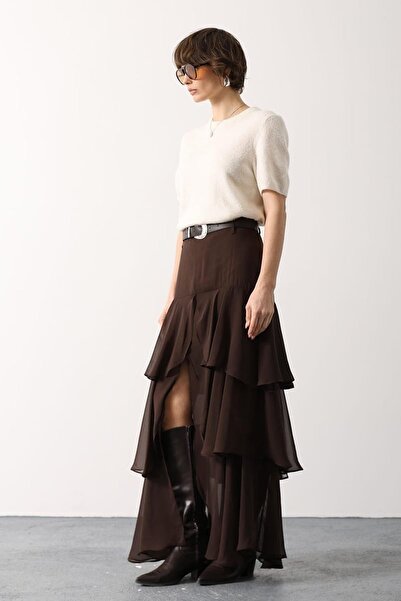 Trend Alaçatı Stili Women's Brown Layered Flounce Half-Lined Slit Chiffon Ski...