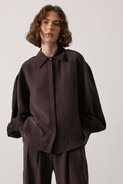 Trend Alaçatı Stili Women's Bitter Brown Balloon Sleeve Hidden Placket Woven ...