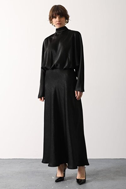 Trend Alaçatı Stili Women's Black Halter Neck Gathered Waist Maxi Length Sati...