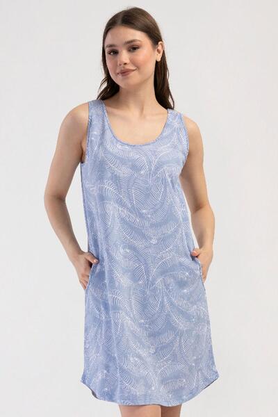 VİENETTA Women's Thick Strap Pocketed Patterned Blue Nightgown Tunic C6T2N3804