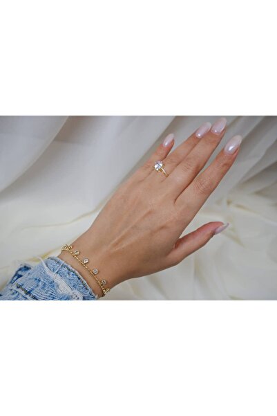 ATELİER TUĞBA Blk228 Round Stone Detail Thin Gold Bracelet 17 cm + 3.5 cm Ext...