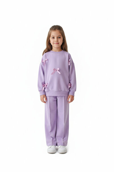 Dimoi Kids Kız Çocuk Lila Fiyonk Detaylı Sweatshirt-Bol Kesim Eşofman Takım