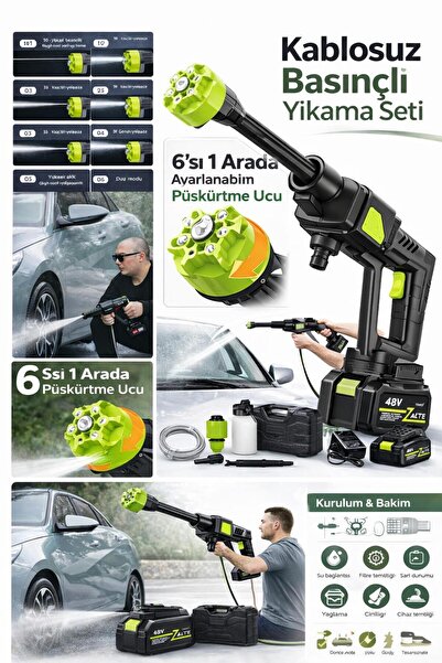 BLUE İNTER 48V ŞARJLI YÜKSEK BASINÇLI ARAÇ OTO YIKAMA TABANCASI 5 METRE HORTU...