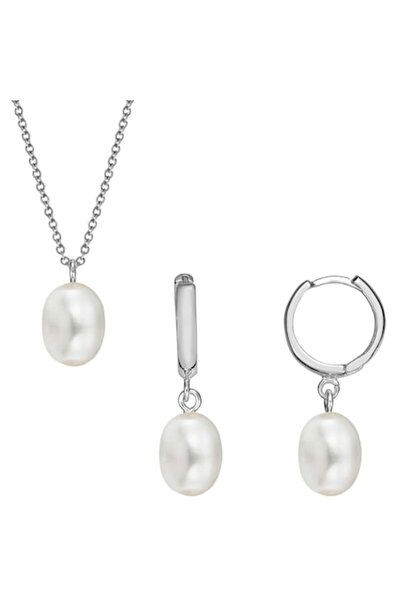 e-Crystal Set Silver 925 with White Pearls Drop Shape 10x8 mm Leverback with ...