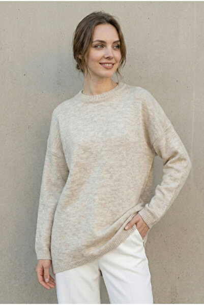 Kirazgym Women's Round Neck Casual Soft Knitwear Sweater Tunic - Stone