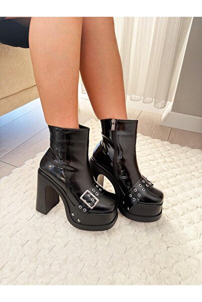 asmi shoes Women's Latina 12 cm Platform Heeled Zippered Boots Black Patent L...