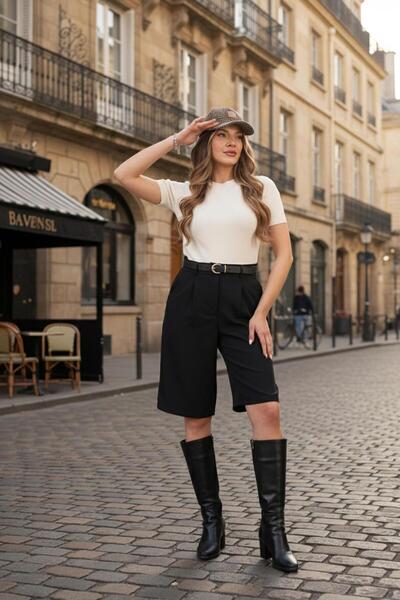 Hipo Trend شورت برمودا أسود مطوي بحزام عالي الخصر