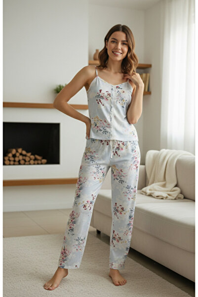 YusGos Women's Patterned Milan Cotton Front Tied Spring Strap + Long Pants Pa...