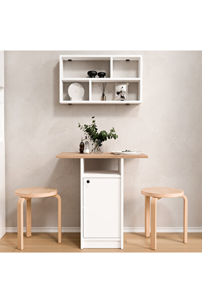 Yurudesign Nord Mutfak Masası Yemek Masası Dolaplı Raflı Sepet-Beyaz ND17-SW