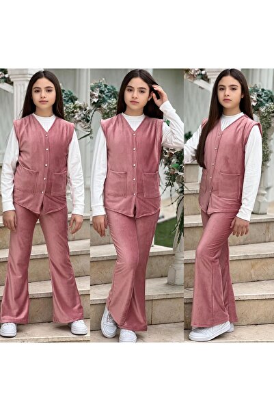 Burçak Butik طقم مخملي مزركش للفتيات - 3 قطع (بلوزة، صدرية، بنطلون) - شتوي