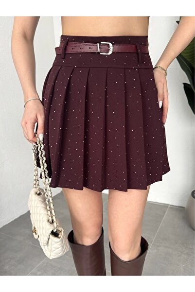 Lila Moda Fusta mini plisată de lux pentru femei, cu detalii din piatră