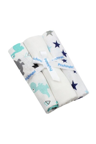 PRICHINDEL Set of 3 Muslin Diapers, Blue Stars and Dino, Multicolor, 75x70 cm